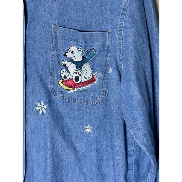 Vintage Bill Blass Denim Christmas Shirt XL Embroidered Snowflakes Polar Bear - Picture 3 of 8